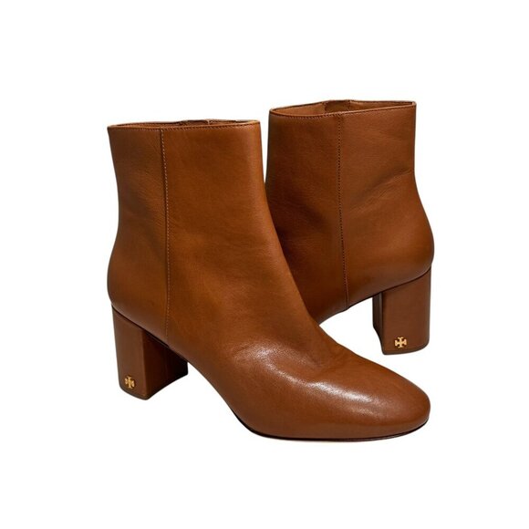 TORY BURCH Brooke Logo Heel Ankle Boots carmel Leather Size 9.5 New - Picture 2 of 6
